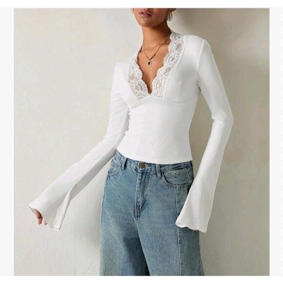 Women Long Bell Sleeve Crop Top Lace Trim V-neck Slim T-shirt Y2K Small - Picture 5 of 7